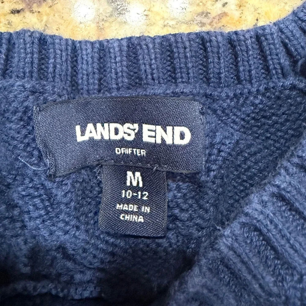 Lands End Drifter Navy Blue Cable Knit Cotton Crewneck Sweater Womens M 10-12
